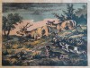 Lucrare &rdquo;Scenă de v&acirc;nătoare&rdquo;, gravură policromă sec XIX, 24 x 18 supraf lucrată, Scene gen, Grisaille, Realism