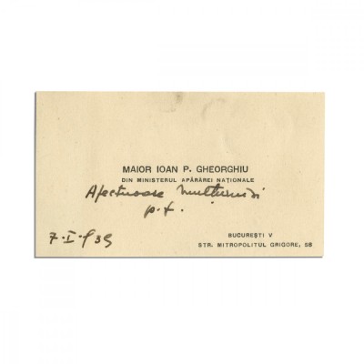 Maior Ioan P. Gheorghiu, carte de vizită cu &amp;icirc;nsemnare olografă foto