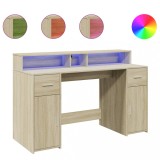 Cumpara ieftin Birou cu lumini LED stejar sonoma, 140x55x91 cm, lemn prelucrat