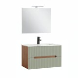 Trent Mobilier de baie 80 cm chiuvetă ceramică (2 sertare) cu oglindă 60x80 cm stejar apus de soare-oliv verde