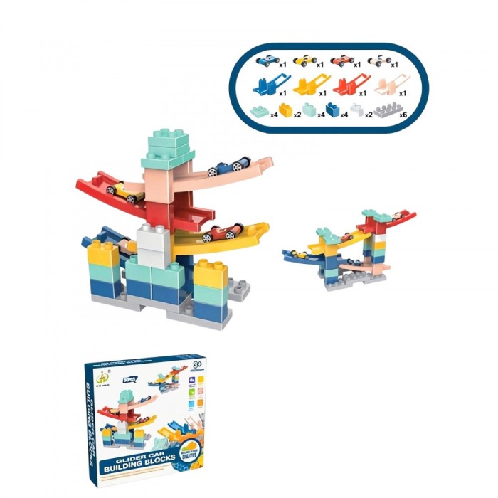 Set piese pentru constructie, flippy, rampa auto, 30 piese, masinute incluse