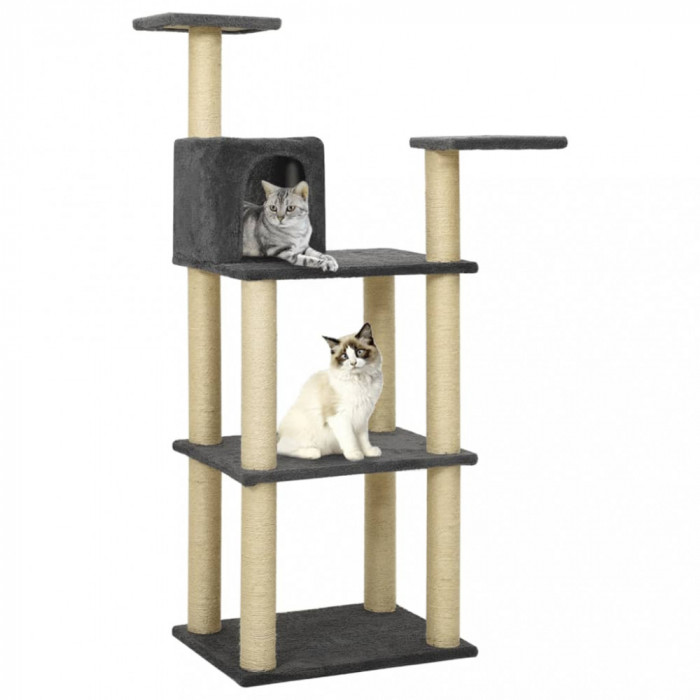 vidaXL Ansamblu pisici, st&acirc;lpi din funie sisal, gri &icirc;nchis, 119 cm