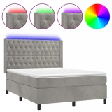Cumpara ieftin Pat cu arcuri, saltea si LED, gri deschis, 140x200 cm, catifea