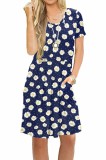 Cumpara ieftin Rochie de Vara cu Maneca Scurta, Lungime Medie, Casual cu Buzunare, Stil Empire si Fusta Evazata, Model Floral, S Bleumarin S INTL