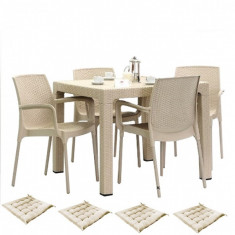 Set mobilier gradina MAITAS masa patrata CLASSI RATAN 90x90x75cm 4 scaune SUNSET RATTAN polipropilen/fibra sticla culoare capucino,4 perne scaun B0042 foto