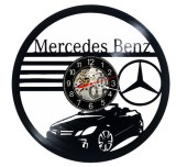 Ceas de perete decorativ realizat din disc de vinil, Model Mercedes Benz Roadster Cabriolet Sigla, Negru, 30 cm