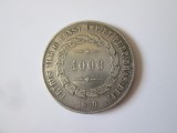 Rara! Brazilia 1000 Reis 1850(an rar) argint .917 cu patina frumoasa la cel mai mic pret,regele Pedro II,diametrul=30 mm,pret catalog=290 $