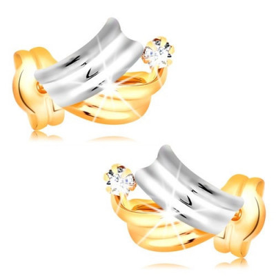 Cercei din aur 14K - arce lucioase bicolore, diamant rotund transparent foto
