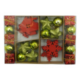 Set de 24 ornamente de brad, Flippy, de tip Glob, Rosu/ Auriu, din polistiren, cu finisaj sclipitor , cutie 3 cm adancime x 20 cm lungime x 14 cm inal