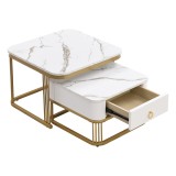 Set de Măsuțe de Cafea Suprapozabile din Marmură Lucioasă cu Detalii Aurii și Sertare, 60x60x45 cm + 50x50x34 cm, Alb