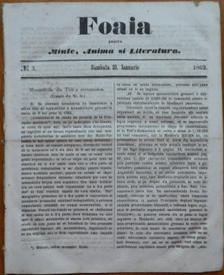 Foaia pentru minte , inima si literatura , nr. 3 , 1862 , Brasov , I. Muresanu foto