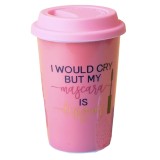 Cana ceramica de voiaj Pufo pentru cafea cu capac din silicon, 415 ml, model My mascara is Designer, roz