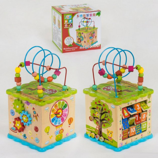 Jucarie educativa, cub din lemn multifunctional 5 in 1, cu diverse mini jocuri, forme, ceas, labirint