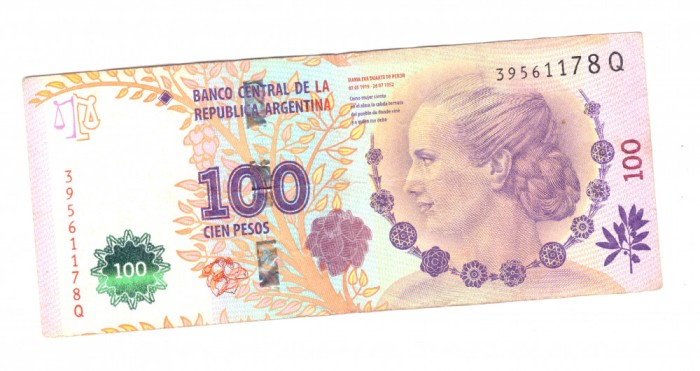 Bancnota Argentina 100 pesos 2015 seria Q, stare relativ buna