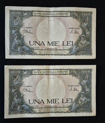 Bancnota 1000 LEI UNA MIE LEI 10 septembrie 1941 Doua bucati serii consecutive foto