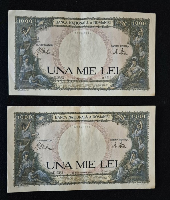 Bancnota 1000 LEI UNA MIE LEI 10 septembrie 1941 Doua bucati serii consecutive