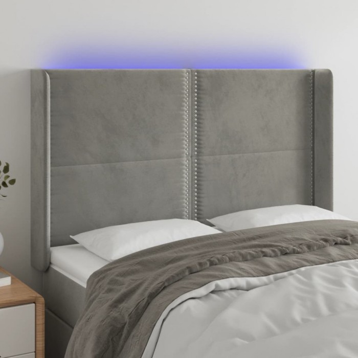 vidaXL Tăblie de pat cu LED, gri deschis, 147x16x118/128 cm, catifea 3123956