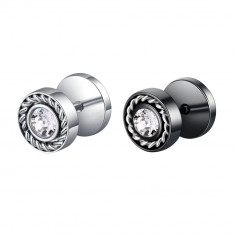 Piercing fals de ureche, din oțel – soare, zircon rotund, raze spiralate - Culoare zirconiu piercing: Argintiu – transparent