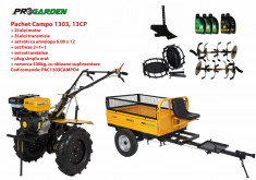 Pachet motocultor Campo 1303, benzina, 13CP, 2+1 trepte, remorca 500kg, accesorii, ulei motor si transmisie incluse foto