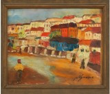 Tablou vechi / lucrare Dobrogea / Balcic, Nicolae Savopol (1905-1982), ulei pe carton, in cutit, 29 x 23 cm fara rama, autor roman, pictura romaneasca
