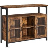 VASAGLE Comoda tip bufet, cu 2 usi cu sticla, rafuri reglabile, stil industrial, 100x35x80cm, maro rustic Household NewTrend