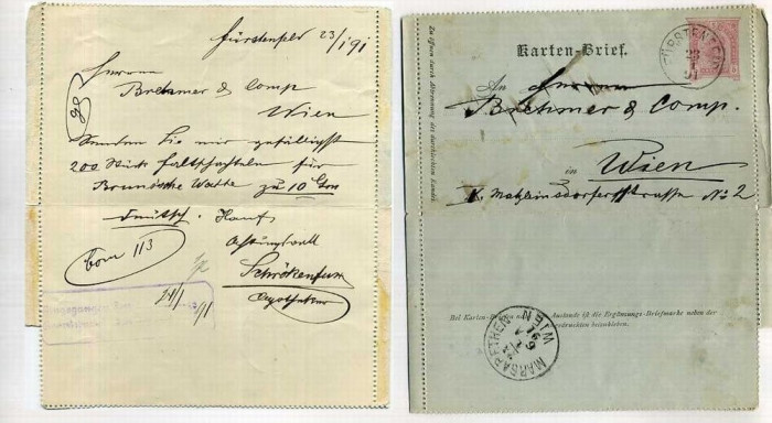 Austria &Ouml;sterreich 1891 Postal Stationery Card, F&uuml;rstenfeld to Wien D.069