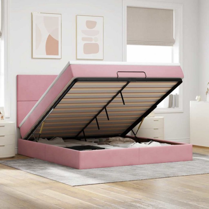 vidaXL Cadru de pat otoman cu saltele Roz 180x200cm catifea 3313420