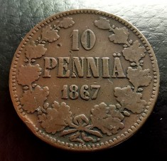 FINLANDA - IMPERIUL TARIST - 10 Pennia 1867 - Cupru - Alexander I - (3) foto