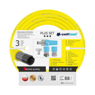Set furtun gradina Cellfast Plus, 25 m, 25 bar, 3 straturi, protectie UV, flexibil, duza reglabila, conector 1/2 inch, adaptor cu filet, Galben foto