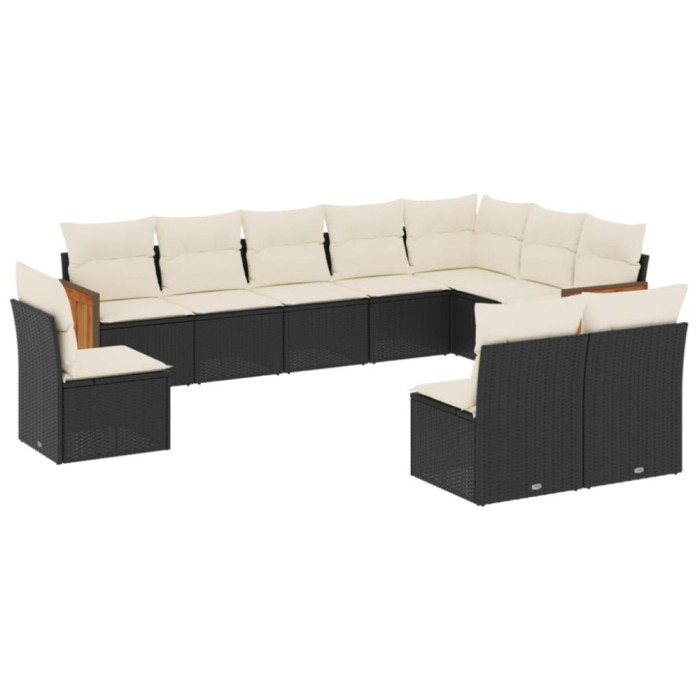 Set canapele de gradina cu perne, 10 piese, negru, poliratan