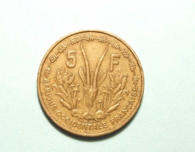 AFRICA OCCIDENTALA 5 FRANCI 1956 MONEDA EXOTICA SI ISTORICA foto