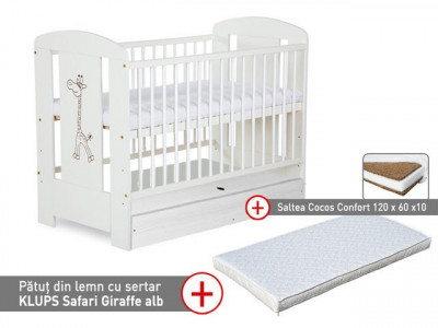 Patut cu sertar KLUPS Safari Giraffe Alb + Saltea 10 Confort II foto