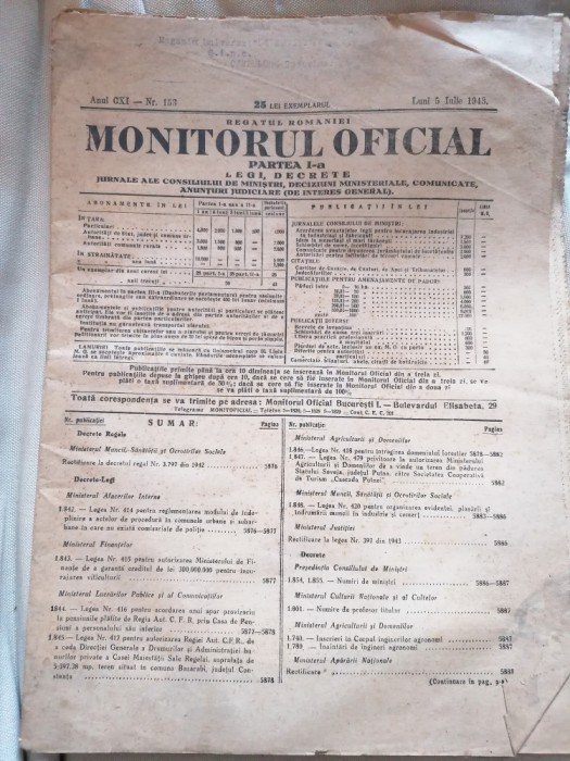 MONITORUL OFICIAL - PARTEA I a LEGI DECRETE, 1943, Nr.153