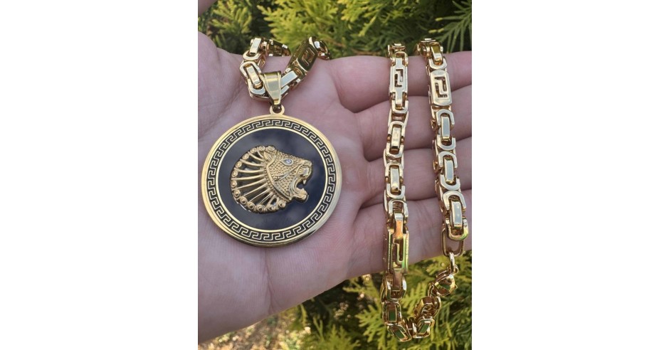 Lant Barbati Inox 316L Placat Aur Versace, Medalion Leu Negru, 55cm ...