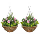 Cumpara ieftin Outsunny Set 2 Ghivece de Agățat cu Plante Artificiale Lisianthus, Suport din Răchită și Bază de Ciment, Ф25x34cm | Aosom Romania