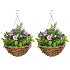 Outsunny Set 2 Ghivece de Agățat cu Plante Artificiale Lisianthus, Suport din Răchită și Bază de Ciment, Ф25x34cm | Aosom Romania