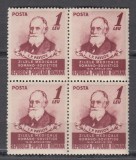 ROMANIA 1952 LP 322 ZILELE MEDICALE ROMANO-SOVIETICE PAVLOV BLOC DE 4 TIMBRE MNH, Nestampilat