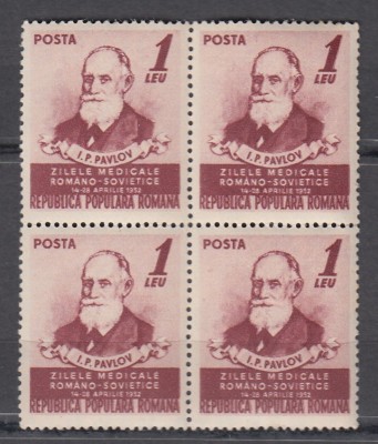 ROMANIA 1952 LP 322 ZILELE MEDICALE ROMANO-SOVIETICE PAVLOV BLOC DE 4 TIMBRE MNH foto
