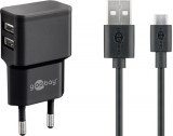 Incarcator retea Goobay, 2x USB-A 2.4A, cablu micro USB, negru