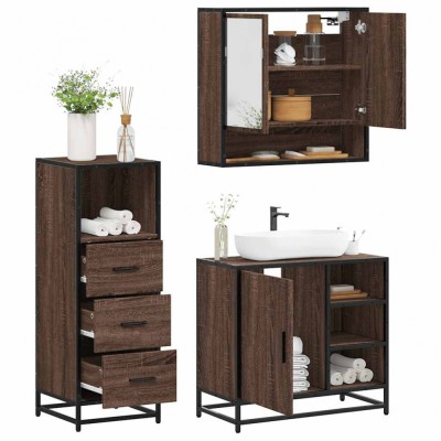 Gossi set mobilier de baie, 3 piese, stejar maro, lemn prelucrat foto