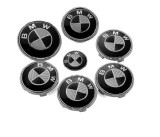 Set 7 embleme fata spate, volan si roti negre carbon BMW 82 si 74 mm E46 E39