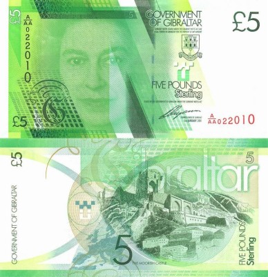 GIBRALTAR █ bancnota █ 5 Pounds █ 2011 █ P-35 █ Prefix A/AA █ UNC █ necirculata foto
