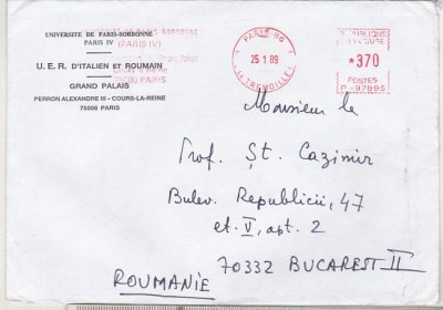 bnk ip Plic paris Sorbonna circulat spre Romania - francatura mecanica 1989 foto