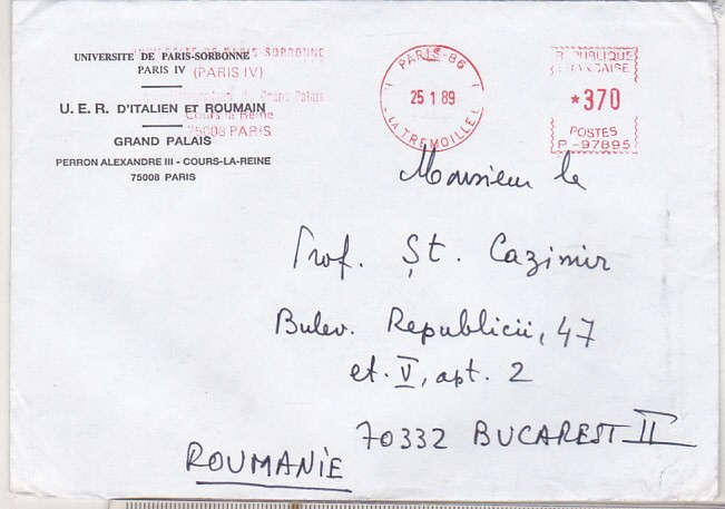 bnk ip Plic paris Sorbonna circulat spre Romania - francatura mecanica 1989