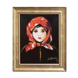 Tablou pictat manual inramat, Fetita cu basma rosie (4) - 30x25cm ulei panza, reproducere Nicolae Grigorescu