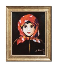 Tablou celebru pictat manual inramat, Fetita cu basma rosie, 30x25cm ulei panza, reproducere Nicolae Grigorescu