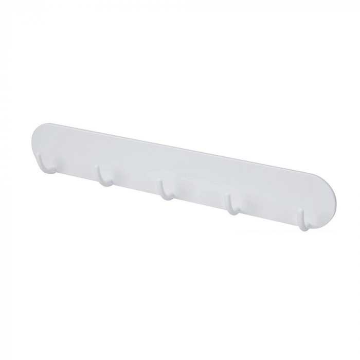 Cuier din plastic pentru perete, 5 carlige, lungime 28 cm, alb