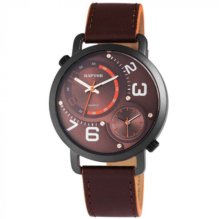 Ceas barbatesc, Raptor, dual time, carcasa neagra, cadran si curea maro, 45mm