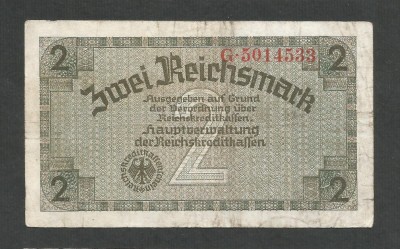 GERMANIA NAZISTA 2 MARCI REICHSMARK 1940 [30] P- 137a , 7 cifre , Litera G foto