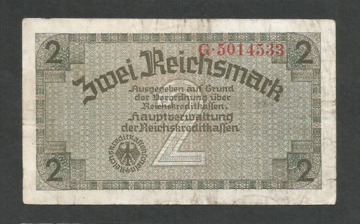 GERMANIA NAZISTA 2 MARCI REICHSMARK 1940 [30] P- 137a , 7 cifre , Litera G